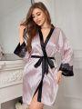 Women's Striped And Printed Contrast Color Sleepwear With Lace Trim And Waist Belt
