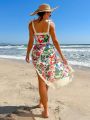 SHEIN Swim Chicsea Floral Print One-piece Swimsuit And Beach Skirt