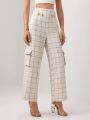 TSS Plaid Print Flap Pocket Crop Tweed Pants