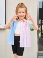 SHEIN Kids EVRYDAY Little Girl's Woven Color-block Striped Button-down Shirt With Single Pocket, Loose Fit