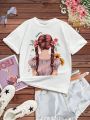 Tween Girl Casual Short Sleeve T-Shirt With Simple Pattern, Suitable For Summer