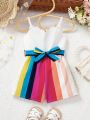 SHEIN Baby Girls' Casual Color Block Striped Belted Romper With Shoulder Straps