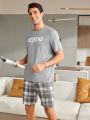 Men'S Letter Print Short Sleeve Top & Plaid Long Pants Pajamas Set