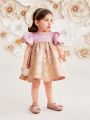 SHEIN Infant Girls' Gorgeous Satin Bubble Short Sleeve Dress With Gold Floral Applique
