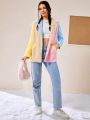 SHEIN Qutie Color Block Lapel Neck Open Front Teddy Coat