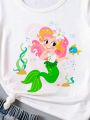 SHEIN Young Girl Letter And Mermaid Printed Short Sleeve T-Shirt