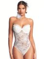 SHEIN BAE Gorgeous Women's Perspective Lace Frilled Trim Strapless Bodysuit With Valentine's Day White Color