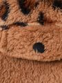 Young Girl Leopard Pattern Flap Detail Teddy Jacket Without Sweater