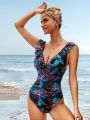 SHEIN Leisure Tropical Print Ruffle Trim Plunging One Piece Swimsuit