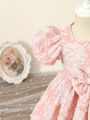 Baby Girl Jacquard Puff Sleeve Bow Front Gown Dress