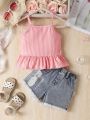 Baby Girl Striped Halter Top & Distressed Denim Shorts Set