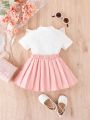 Baby Ruffle Trim Bow Front Tee & Pleated Skirt