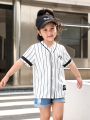 SHEIN Kids HYPEME Toddler Girls Striped & Letter Graphic Patch Detail Shirt