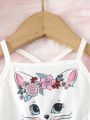Baby Girls' Leopard Splice Cat Print Sleeveless Dress With Suspender