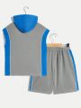 SHEIN Kids HYPEME Boys' Casual Loose Fit Hooded Tank Top & Shorts Set With Portrait Print And Color Block Design