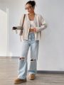 Drop Shoulder Lazy Cardigan With Open Front