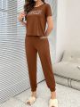 Women's Slogan Printed Short Sleeve Top And Long Pants Pajama Set