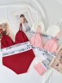 6pcs/Set Teenage Girls' Letter Print Bra And Panties With Woven Band