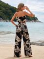 SHEIN VCAY Tropical Printed Strapless Top And Pants Two-piece Set