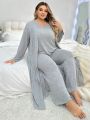 Large Size V-Neck Short-Sleeved T-Shirt And Trousers And Robe Pajama Set