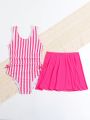 Young Girl Striped One-Piece Swimsuit And Swim Skirt