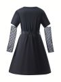 Tween Girl Figure Graphic Contrast Mesh Belted Dress