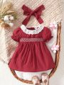 Baby Ruffle Eyelet Embroidery Puff Sleeve Dress With Headband