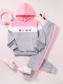 SHEIN Kids SUNSHNE 2pcs/set Teen Girls' Casual Color Block Hoodie And Sweatpants