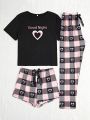 Heart & Slogan Printed Short Sleeve T-Shirt And Bowknot Decorated Shorts& Pants Pajama Set For Girls