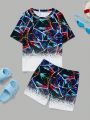 SHEIN Tween Boys' Casual Round Neck Pattern Print Short Sleeve T-Shirt And Shorts Swimsuit Set