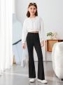 SHEIN Kids FANZEY Big Girls' Knitted Solid Color Slim Fit Elegant Flared Pants