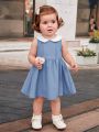 SHEIN Baby Girls' Casual Doll Collar Color Block Elastic Waist Pleated Dress