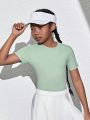SHEIN Tween Girls' Solid Color Backless Cross Hollow Out Sports T-Shirt