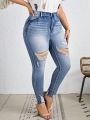 SHEIN LUNE Plus Size Distressed Skinny Jeans With Washing Effect