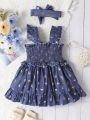 Baby Girl'S Wide Strap Leaf Printed A-Line Dress