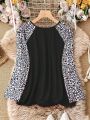 Plus Size Women's Leopard Patchwork Raglan Long Sleeve T-Shirt