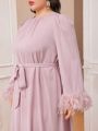 SHEIN Modely Plus Size Belted Furry Sleeve Cuff Flared Sleeve Dress