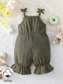 Infant Girls' Casual Solid Color Ruffle Hem Footed Romper, Suitable For Traveling