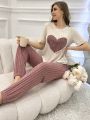 Women's Love & Letter Print Short Sleeve Top And Long Pants Pajama Set