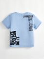SHEIN Kids EVRYDAY Boys' Casual, Comfortable, Fashionable, Simple And Practical Short Sleeve T-Shirt With Slogan Print, Suitable For Spring And Summer