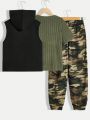 SHEIN Kids EVRYDAY 3pcs/Set Tween Boys' Casual Street Style Letter Patch Hooded Tank Top, Solid Short Sleeve Tee And Camouflage Print Jogger Pants Knitted Outfit