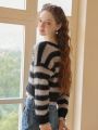 Striped Pattern Drop Shoulder Crop Fuzzy Cardigan