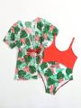 Toddler Girls Tropical Print Cut Out One Piece Swimsuit With Kimono