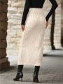 Button Front Ribbed Knit Split Hem Skirt