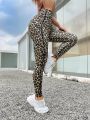 Leopard Print Wide Waistband Sports Leggings With Phone Pocket