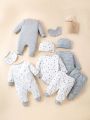 SHEIN Newborn Baby Boys' Universe Elements Printed Romper With Hat, Bib, And Gift Set For Spring And Summer Comfortable And Cute