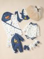 SHEIN Newborn Baby Gift Set In Simple Vacation Style, Ocean Sailboat Print Jumpsuit & Long Pants, Cute, Loose & Comfortable For Daily Wear, Spring & Summer