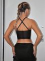 SHEIN ICON Mesh Tight Camisole Top With Front Buckle Detail And Back Crisscross Straps