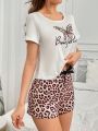 Women's Butterfly & Letter Print Short Sleeve Top With Leopard Print Shorts Pajama Set