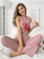 Women'S Lip & Letter Embroidered Ribbed Knit Homewear Set